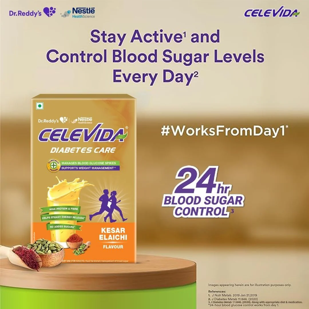 Celevida Protein Powder Drink for Diabetes Management by Dr. Reddy  | Kesar Elaichi Flavour | No Added sugar | Plant based | For Sugar control  Weight Management & Immunity Support | 400gm BIB - Image 3