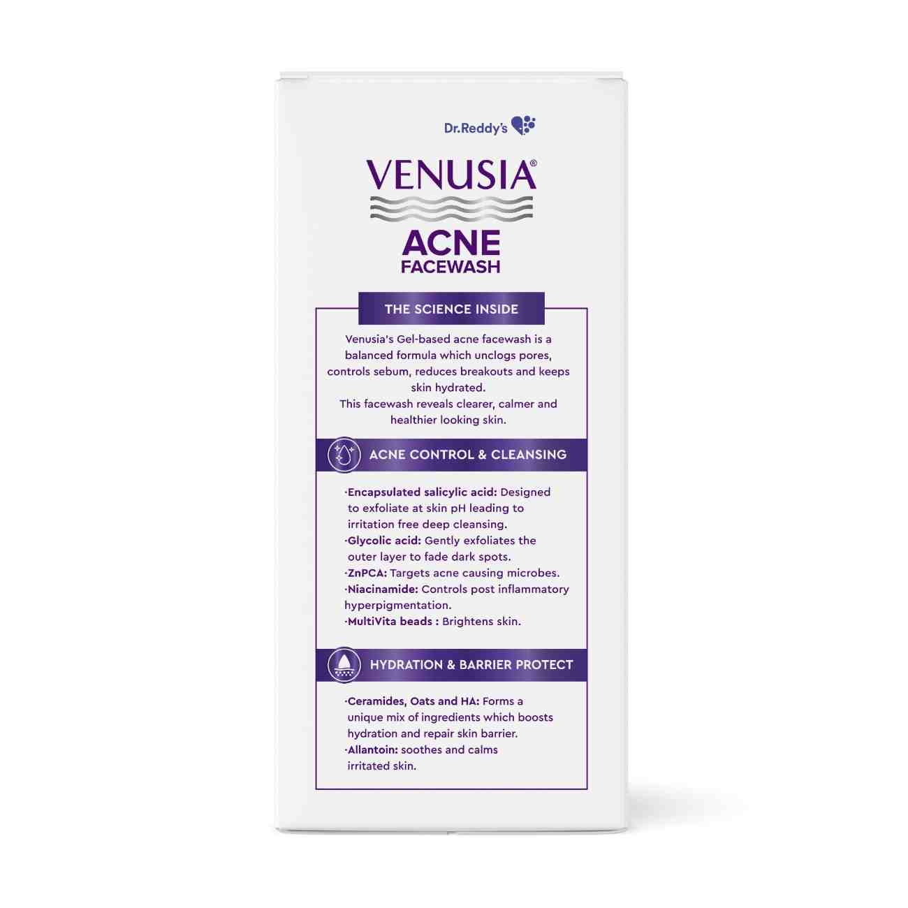 Dr. Reddy's Venusia Acne Facewash | Sebum Control & Hydrating Formula | Clears Acne-marks & Inhibits acne-causing bacteria | Enriched with encapsulated Salicylic Acid,  Glycolic Acid, Ceramide - Oat - HA Complex | Oily & Acne-Prone Skin | 75g - Image 3