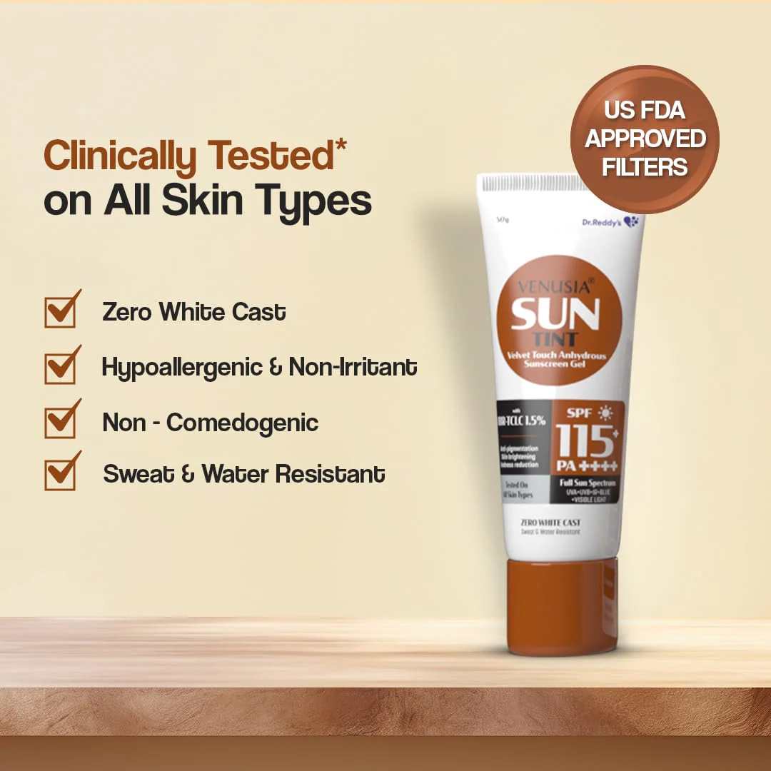 Venusia Tinted sunscreen SPF115I Full spectrum protection I UVA UVB Blue light protect I with Anti-oxidant I Sweat & water resistant I No white cast I clinically tested for all skin types I 50 g Pack of 1 - Image 6