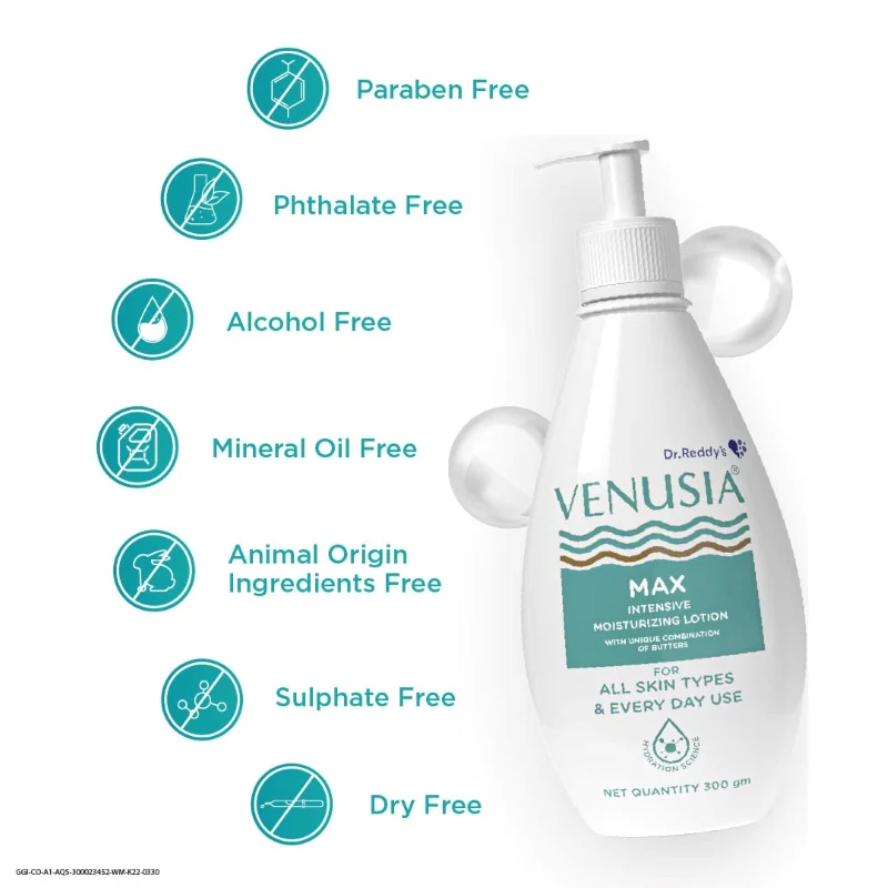 VENUSIA Dr. Reddy's Max Intensive Moisturizing Lotion, 300g & Moisturizing Bathing Bar, Syndet Bar, 75g For All Skin Types, Repairs Dry, Soft & Smooth, Moisturized & Hydrated Skin (Combo) - Image 4